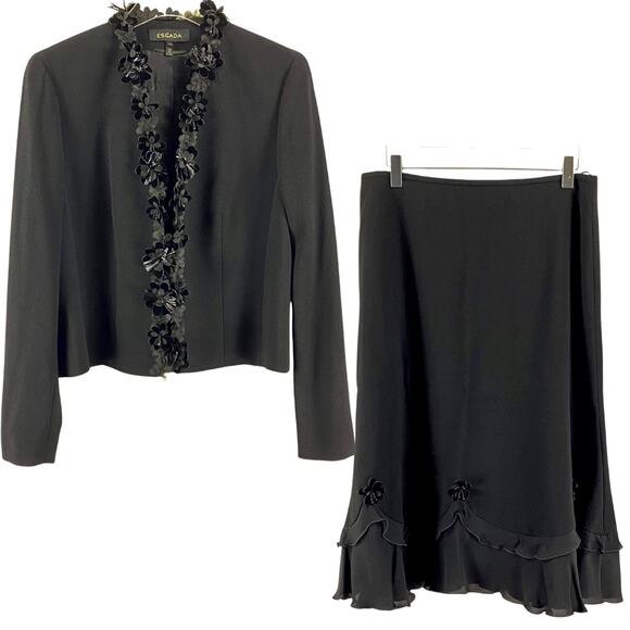 ESCADA 100% Wool Black Jacket Flowy Skirt Coordinates Suit Separates Set - Picture 1 of 10